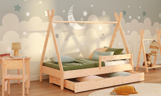 Hausbett im TIPI-Stil mit Schublade aus Kiefernsperrholz in Naturholzfarbe
